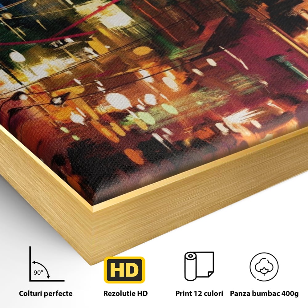 Detaliu al suprafetei: tablou canvas cu peisaj urban nocturn, in rama de aluminiu auriu